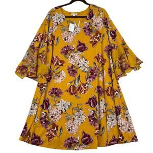 CATO C Est. 1946 Shift Dress Size 14/16W Gold Floral Boho Bell Sleeve Lined